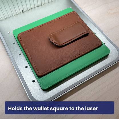 Brown leather card holder with money clip seated in the Samcraft slim wallet jig.