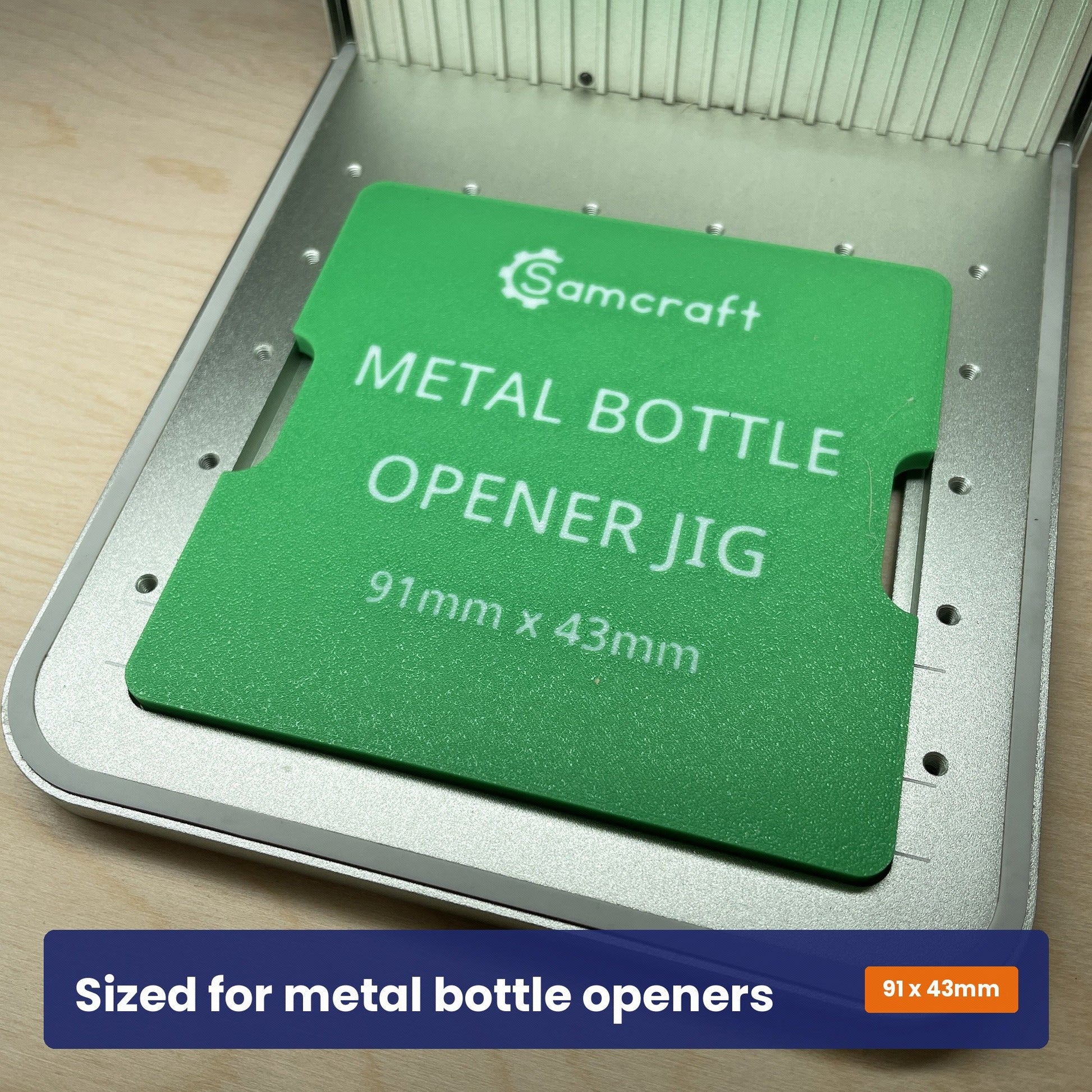 Face of the Samcraft small bottle opener jig showing the Samcraft logo and the 91 by 43 millimetre opener size.