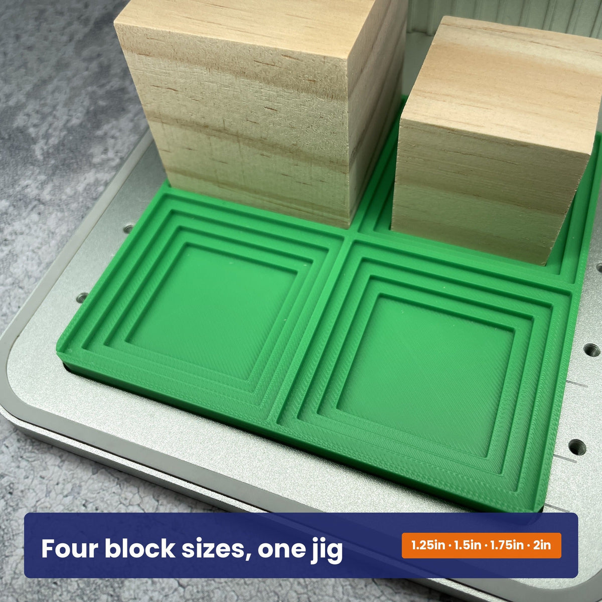 Medium square block jig holding wooden blocks, showing the four block sizes it accepts.