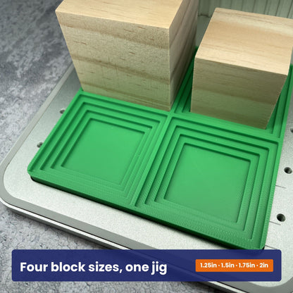 Medium square block jig holding wooden blocks, showing the four block sizes it accepts.