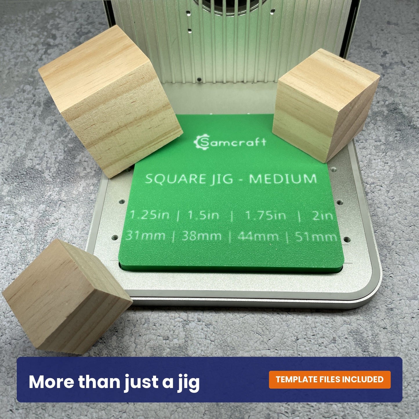 Back of the Samcraft medium square block jig showing the Samcraft logo and the block sizes it takes.