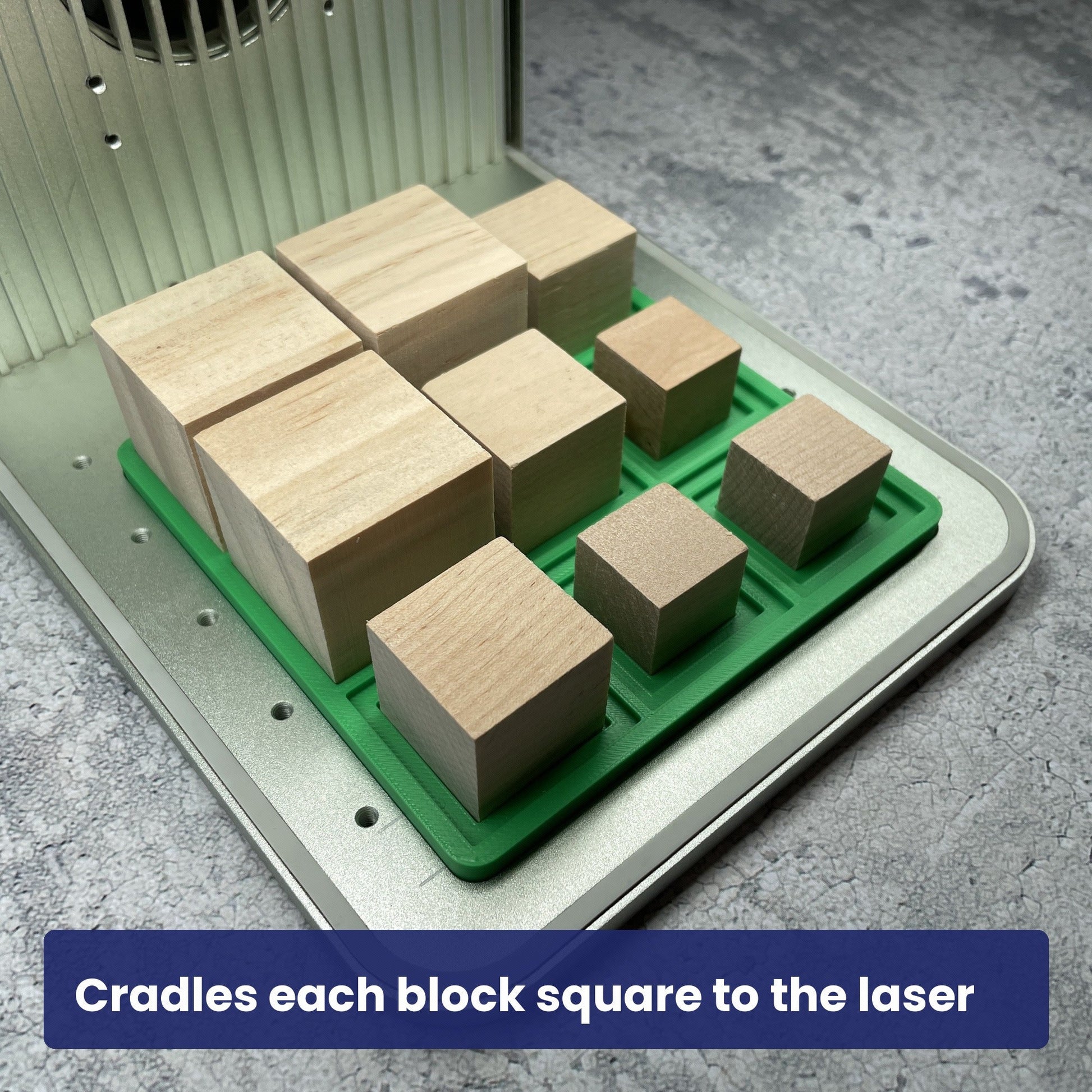 Wooden blocks seated in the stepped recesses of the Samcraft small square block jig.