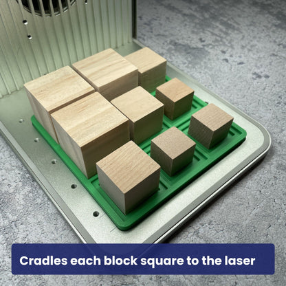 Wooden blocks seated in the stepped recesses of the Samcraft small square block jig.