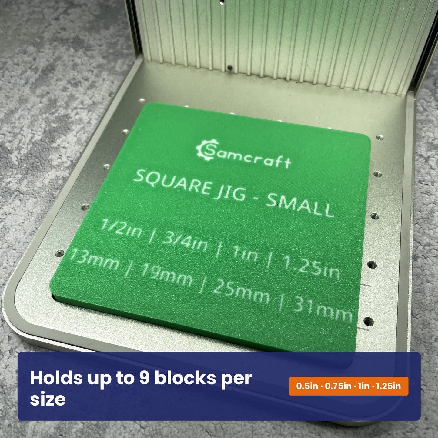 Face of the Samcraft small square block jig showing the Samcraft logo and the four block sizes it accepts.