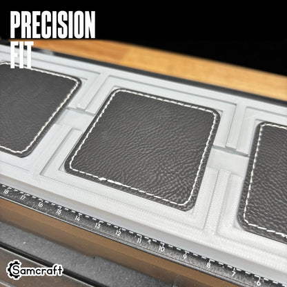 square-patch-jig-eufymake-printer-precision-fit.jpg

Square Patch Jig for the eufyMake E1 — close-up of black leather square patches with white stitched edges seated flush in the recessed pockets of the gray 3D-printed tray, with the built-in ruler visible, showing the precision fit.