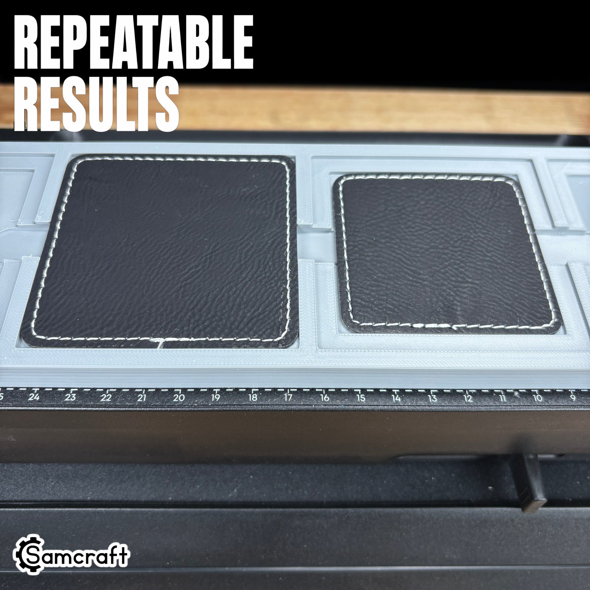 square-patch-jig-eufymake-printer-repeatable-results-and-fit.jpg

Square Patch Jig for the eufyMake E1 — two black leather square patches with white stitching held in the gray 3D-printed tray with built-in alignment ruler, positioned for repeatable, consistent print results.