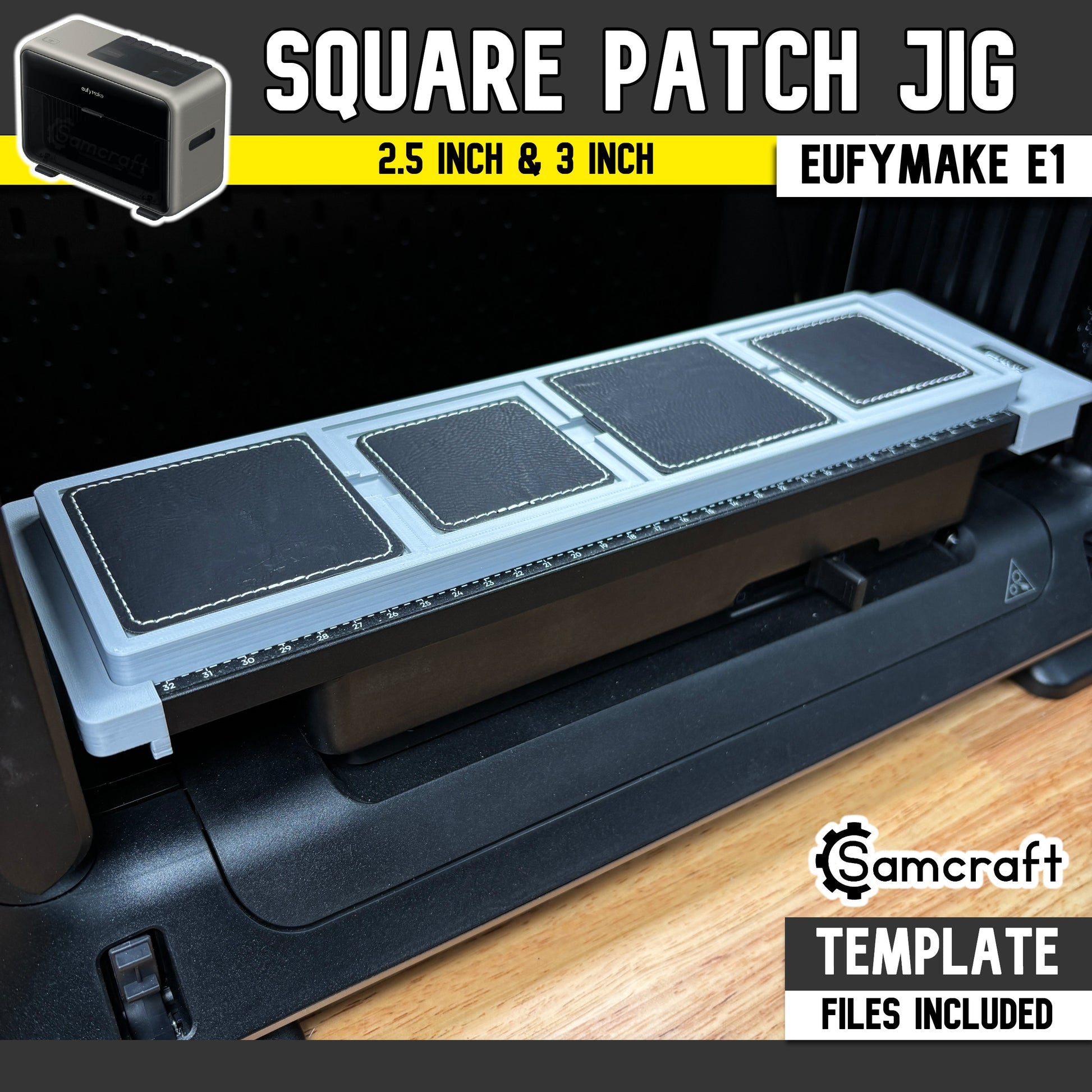 square-patch-jig-eufymake-printer-samcraft.jpg

Square Patch Jig for the eufyMake E1 UV printer — gray one-piece 3D-printed tray holding a row of black leather square patches with white stitched borders, sized for 2.5 inch and 3 inch patches, with a built-in alignment ruler along the front edge; template files included.