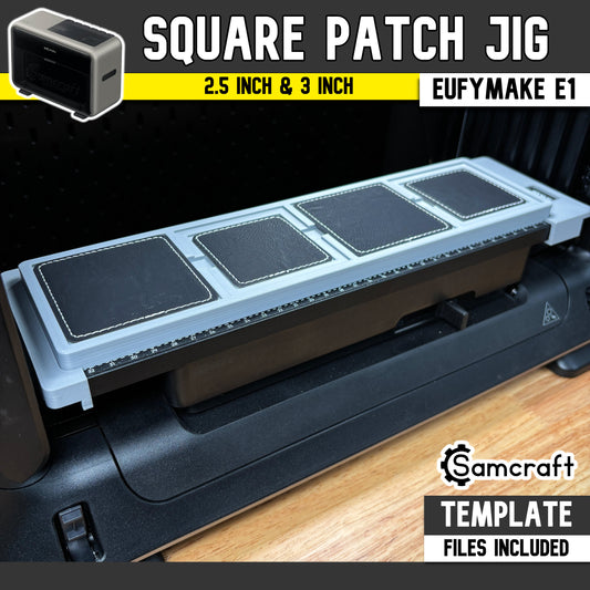 square-patch-jig-eufymake-printer-samcraft.jpg

Square Patch Jig for the eufyMake E1 UV printer — gray one-piece 3D-printed tray holding a row of black leather square patches with white stitched borders, sized for 2.5 inch and 3 inch patches, with a built-in alignment ruler along the front edge; template files included.