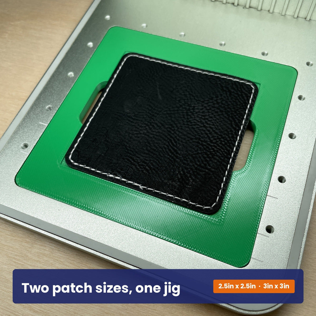 Square patch jig holding a leatherette patch, showing the two patch sizes the jig accepts.