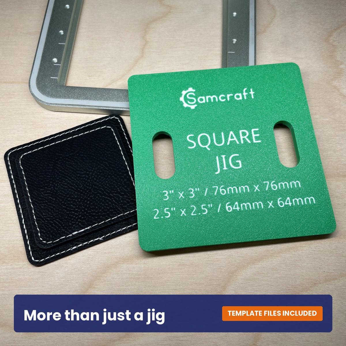 Samcraft square patch jig shown with two black leatherette patches beside it.