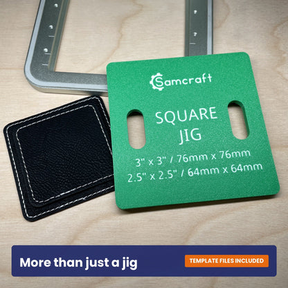 Samcraft square patch jig shown with two black leatherette patches beside it.