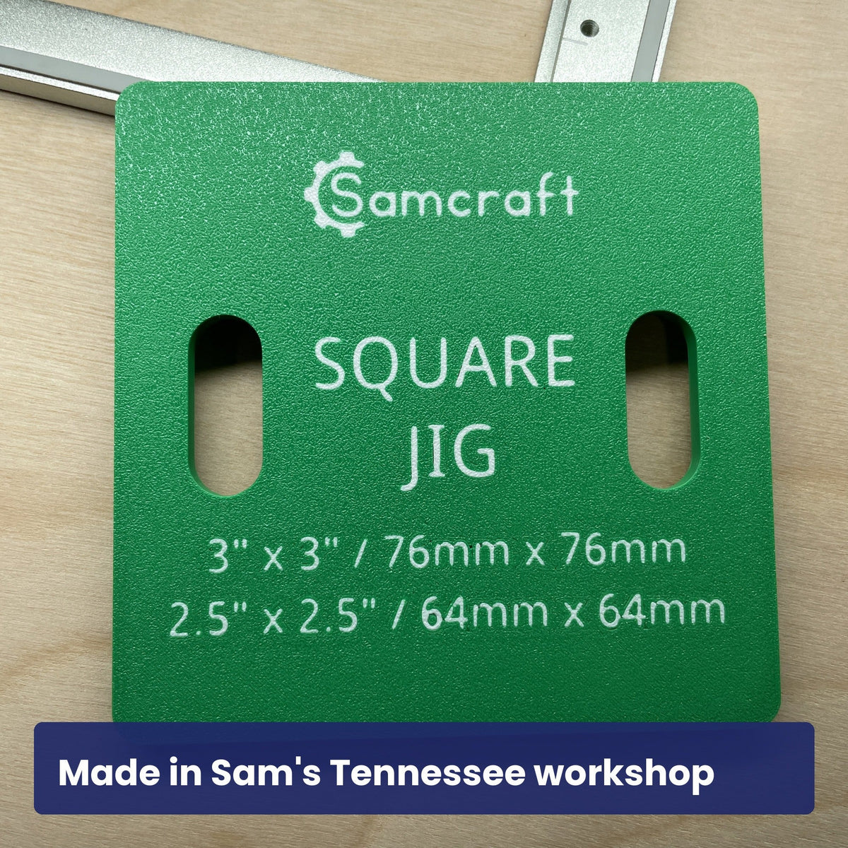 Back of the Samcraft square patch jig showing the Samcraft logo and the two patch sizes.