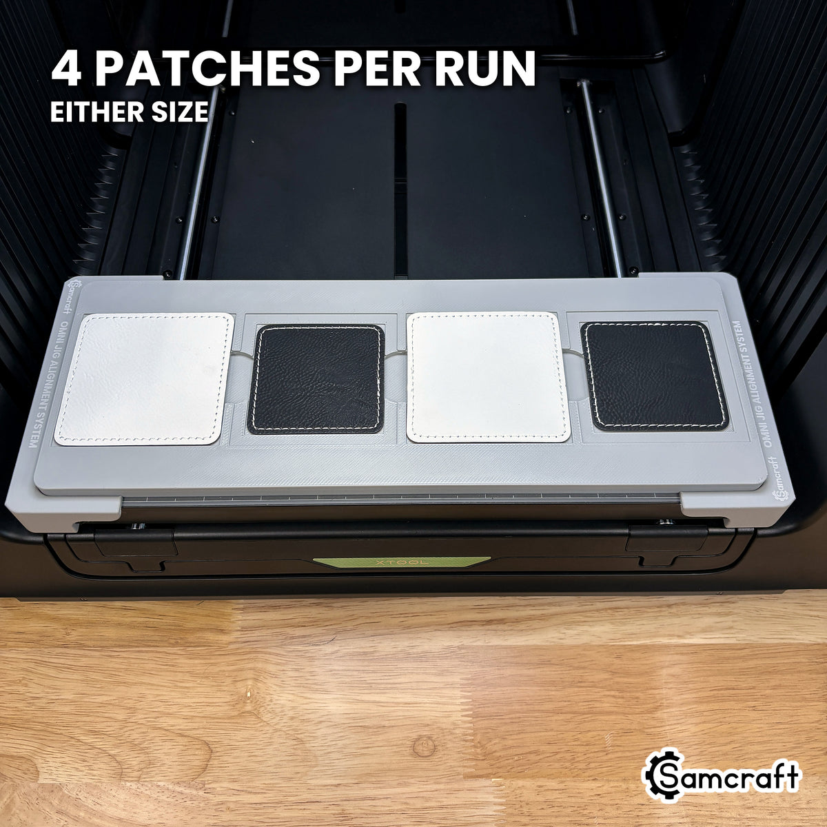 Samcraft square patch jig for the xTool Omni loaded with four square leatherette patches, a full set printed in one job.