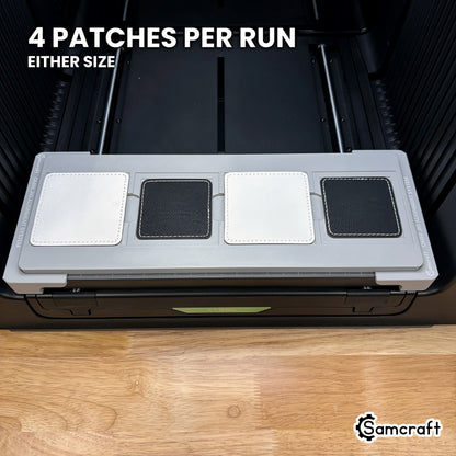 Samcraft square patch jig for the xTool Omni loaded with four square leatherette patches, a full set printed in one job.