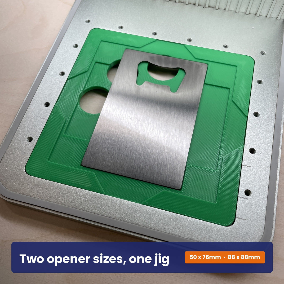 Samcraft stainless bottle opener jig showing the two opener sizes it accepts.