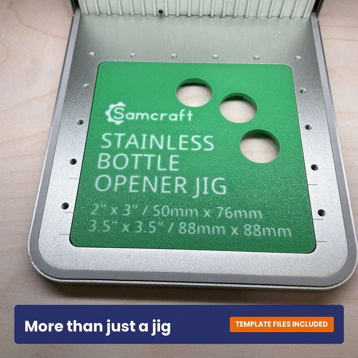 Samcraft stainless bottle opener jig shown with the Samcraft logo and opener sizes marked on the jig.