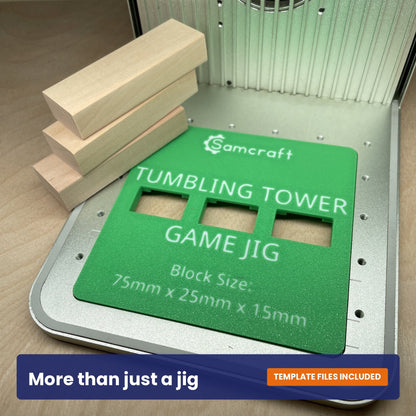 Samcraft tumbling tower game jig shown beside a stack of wooden blocks, with the block size marked on the jig.