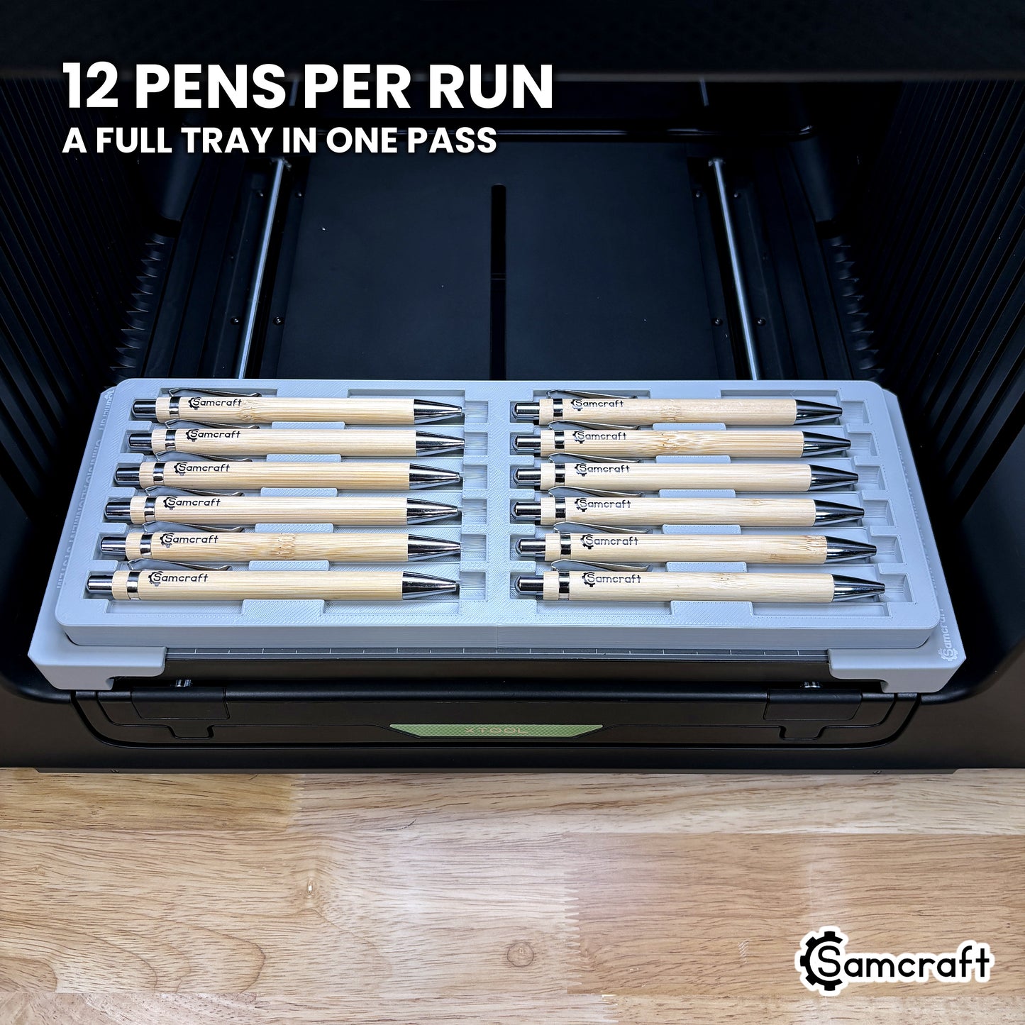 Samcraft 12 pen jig for the xTool Omni holding twelve pens in two columns of six, a full tray printed in one job.