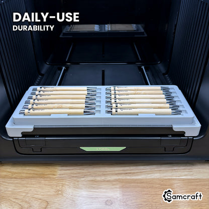Samcraft xTool Omni 12 pen jig held in hand, showing the durable one-piece construction built for daily use.