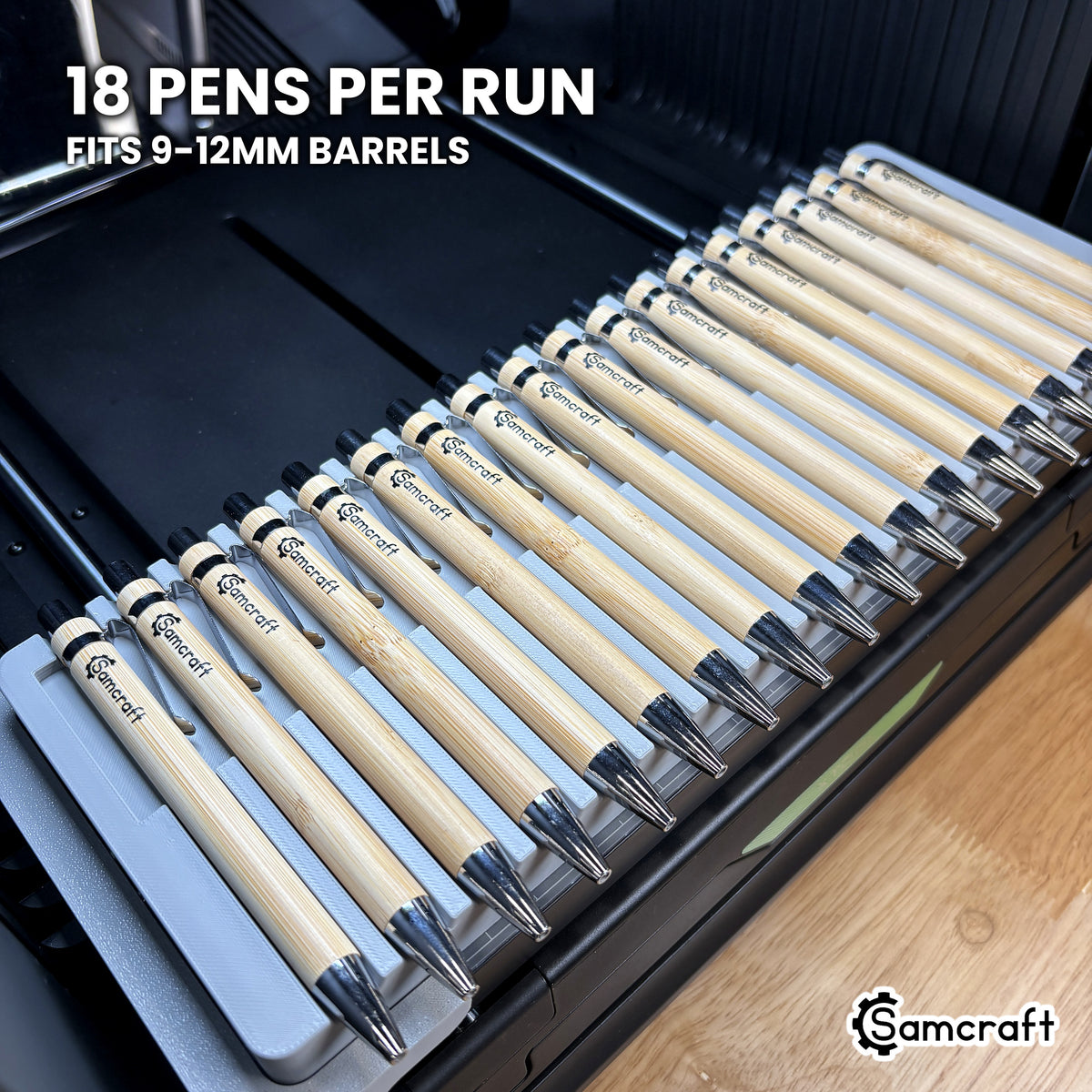 Samcraft pen jig for the xTool Omni loaded with eighteen pens in a single run, sized for 9-12mm barrels.