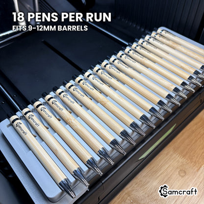 Samcraft pen jig for the xTool Omni loaded with eighteen pens in a single run, sized for 9-12mm barrels.