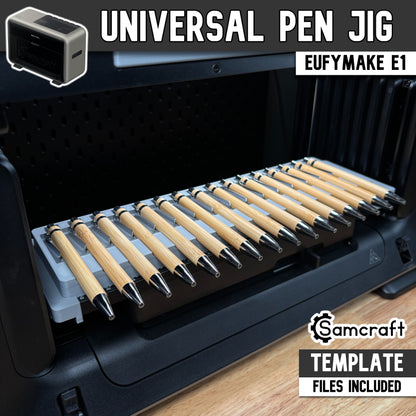 Main product image of the Samcraft Universal Pen Jig (16pc) for the eufyMake E1 UV printer, showing sixteen bamboo pens with chrome accents in a gray tray; template files included.