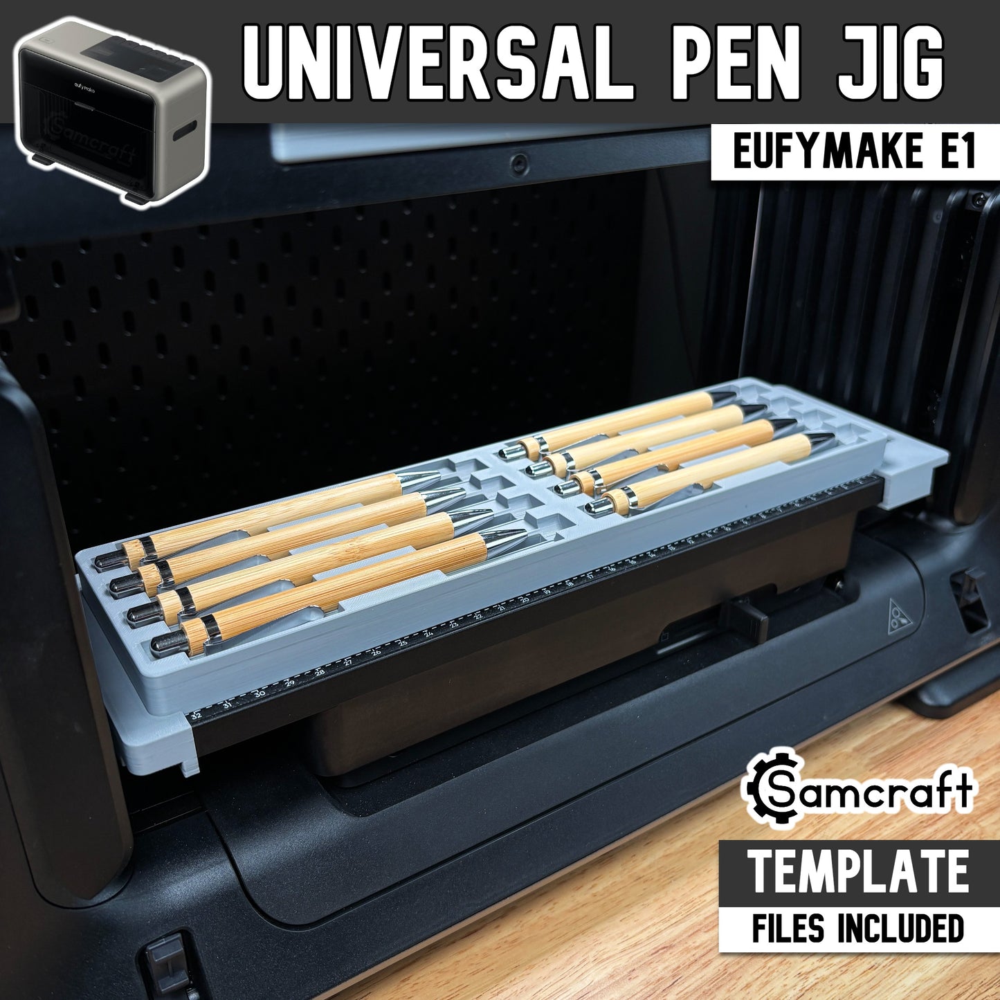 Main product image of the Samcraft Universal Pen Jig (8pc) for the eufyMake E1 UV printer, showing bamboo pens with chrome accents in a gray tray; template files included.