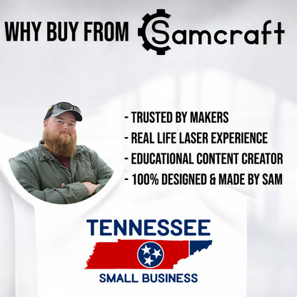 "Why buy from Samcraft" card featuring owner Sam: trusted by makers, real-world laser experience, educational content creator, and 100% designed and made by Sam — a Tennessee small business