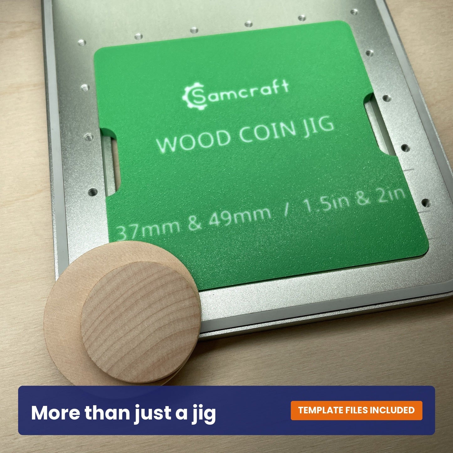 Samcraft wood coin jig shown beside a wooden coin, with the 37 and 49 millimetre sizes marked on the jig.