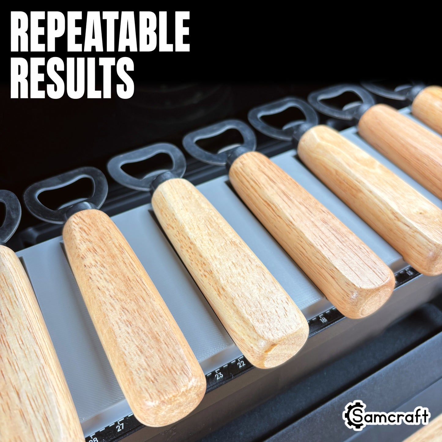 Wood Handle Bottle Opener Jig for the eufyMake E1 — close-up of wood-handle bottle openers lined up in the gray 3D-printed tray on the printer bed with built-in alignment ruler, highlighting repeatable results.