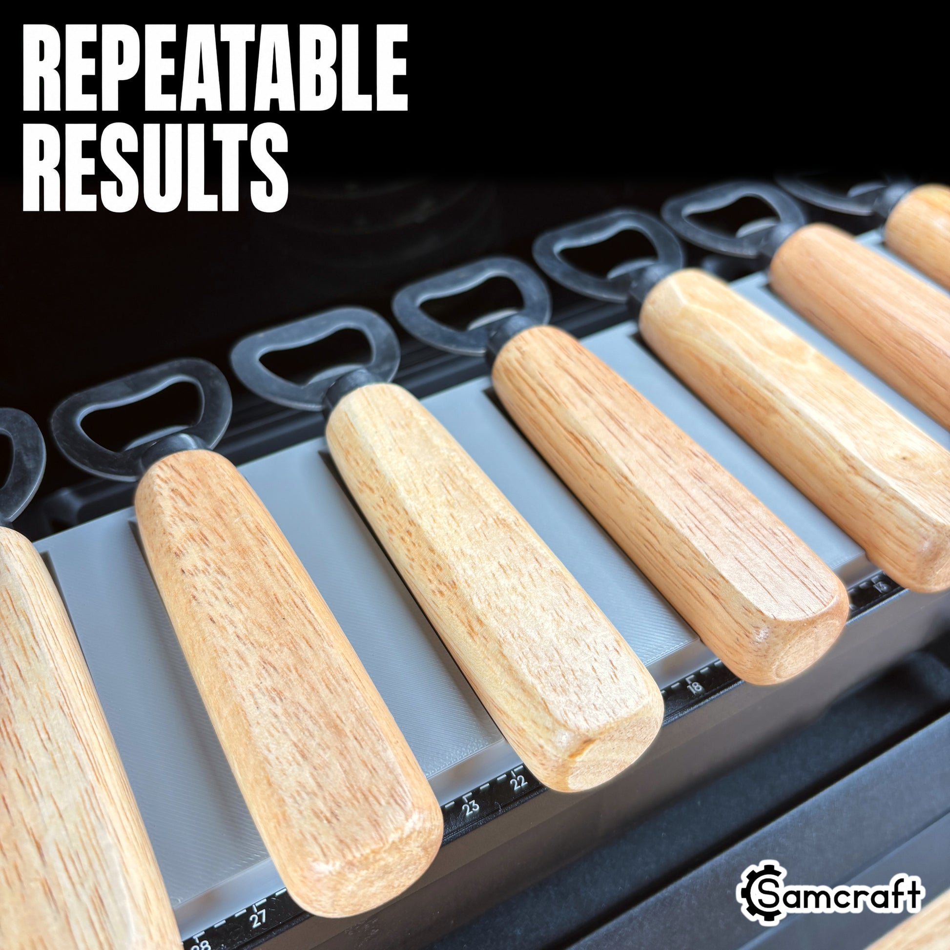 Wood Handle Bottle Opener Jig for the eufyMake E1 — close-up of wood-handle bottle openers lined up in the gray 3D-printed tray on the printer bed with built-in alignment ruler, highlighting repeatable results.