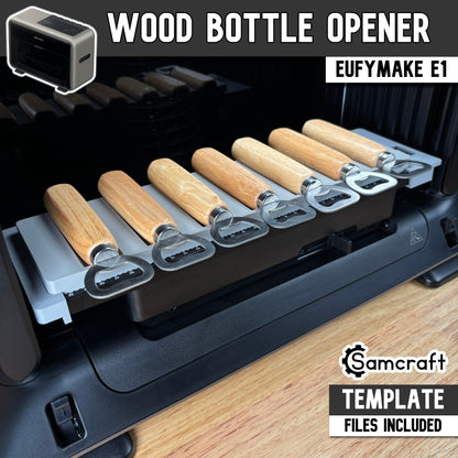 Wood Handle Bottle Opener Jig for the eufyMake E1 — gray one-piece 3D-printed tray holding eight wood-handle bottle openers in channeled slots on the printer bed with built-in alignment ruler, template files included.