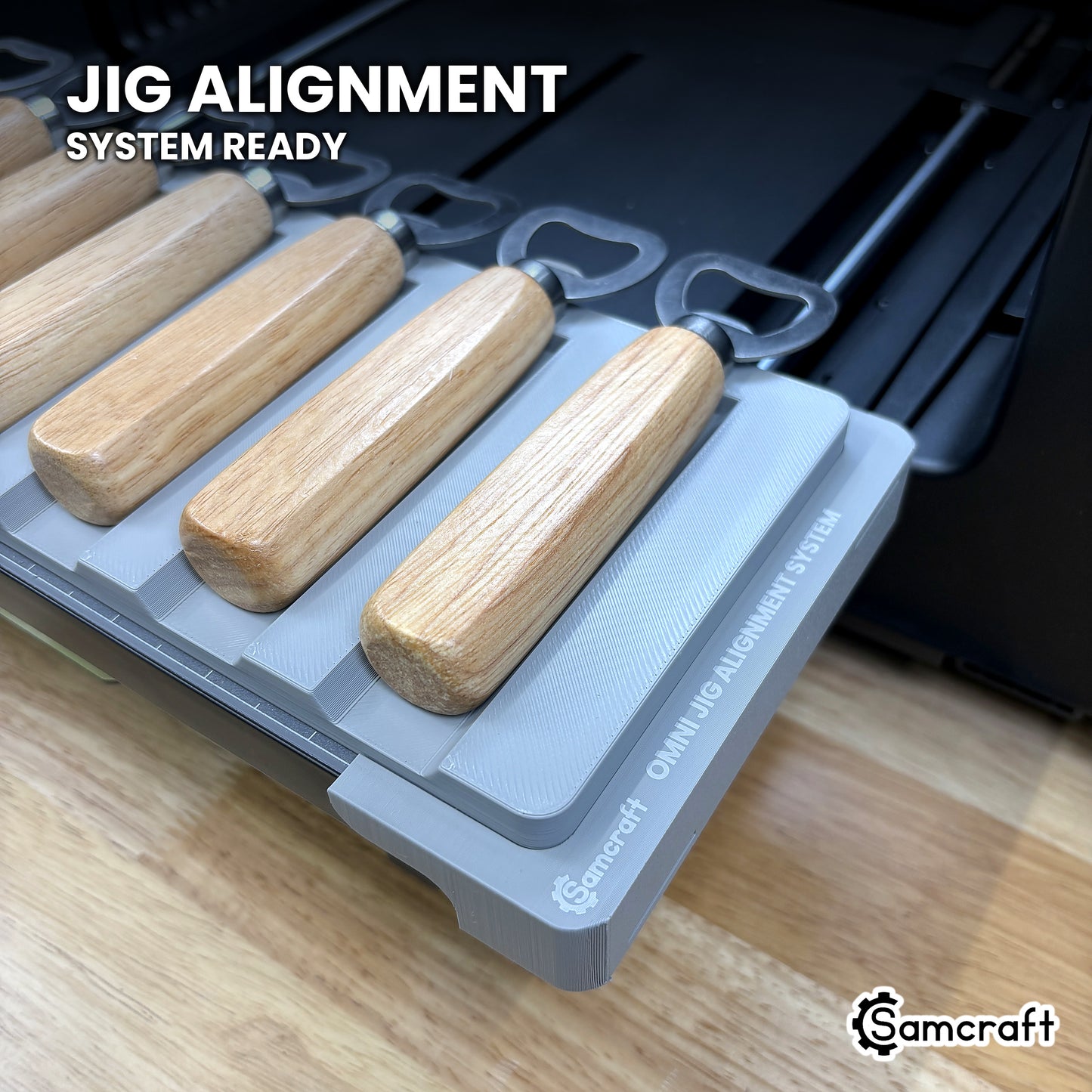 Samcraft wood handle opener jig seated on the optional Samcraft Omni Jig Alignment System, the alignment system lettering visible along the edge.