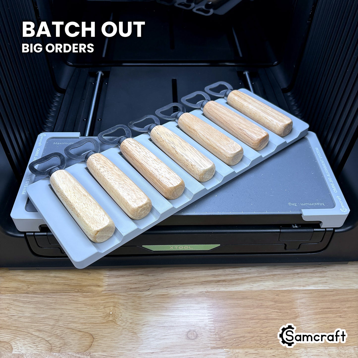 Samcraft xTool Omni wood handle bottle opener jig filled with seven openers, ready for wedding party and bar staff batch orders.