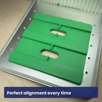 Empty Samcraft wood rectangle keychain jig, showing the four recesses and cut-outs.