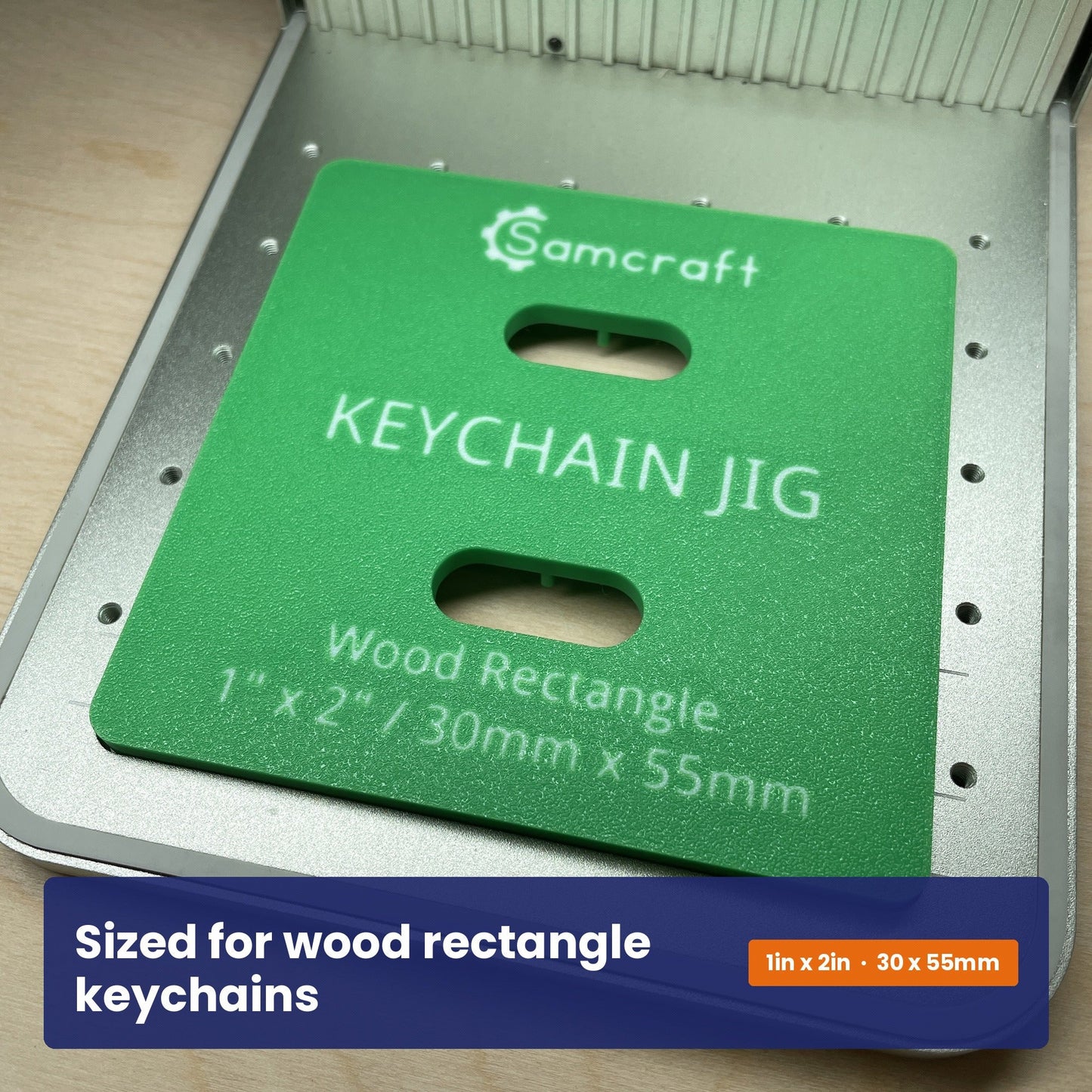 Face of the Samcraft keychain jig showing the Samcraft logo and the 30 by 55 millimetre keychain size.