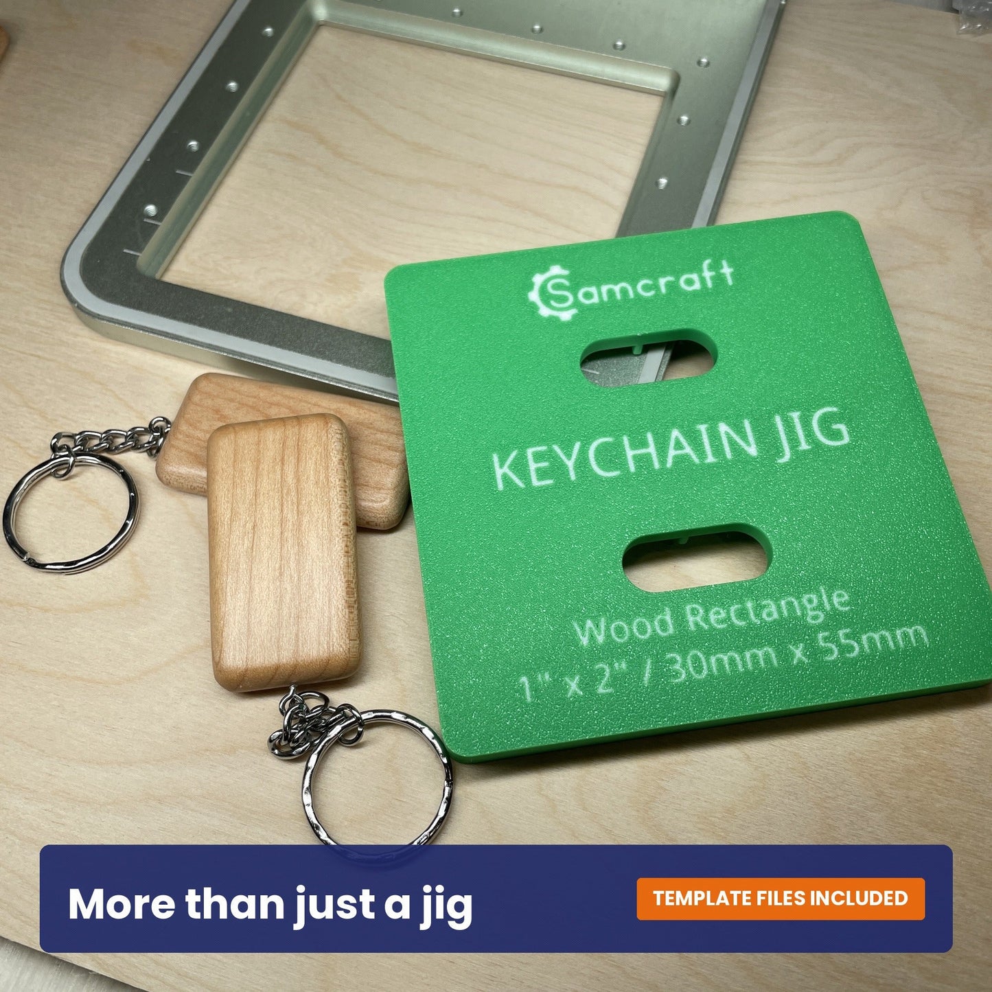 Samcraft keychain jig shown beside a wood rectangle keychain on its ring.