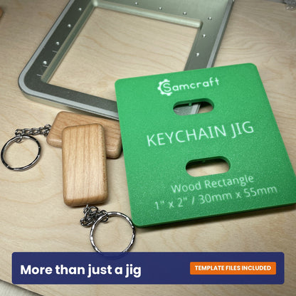 Samcraft keychain jig shown beside a wood rectangle keychain on its ring.