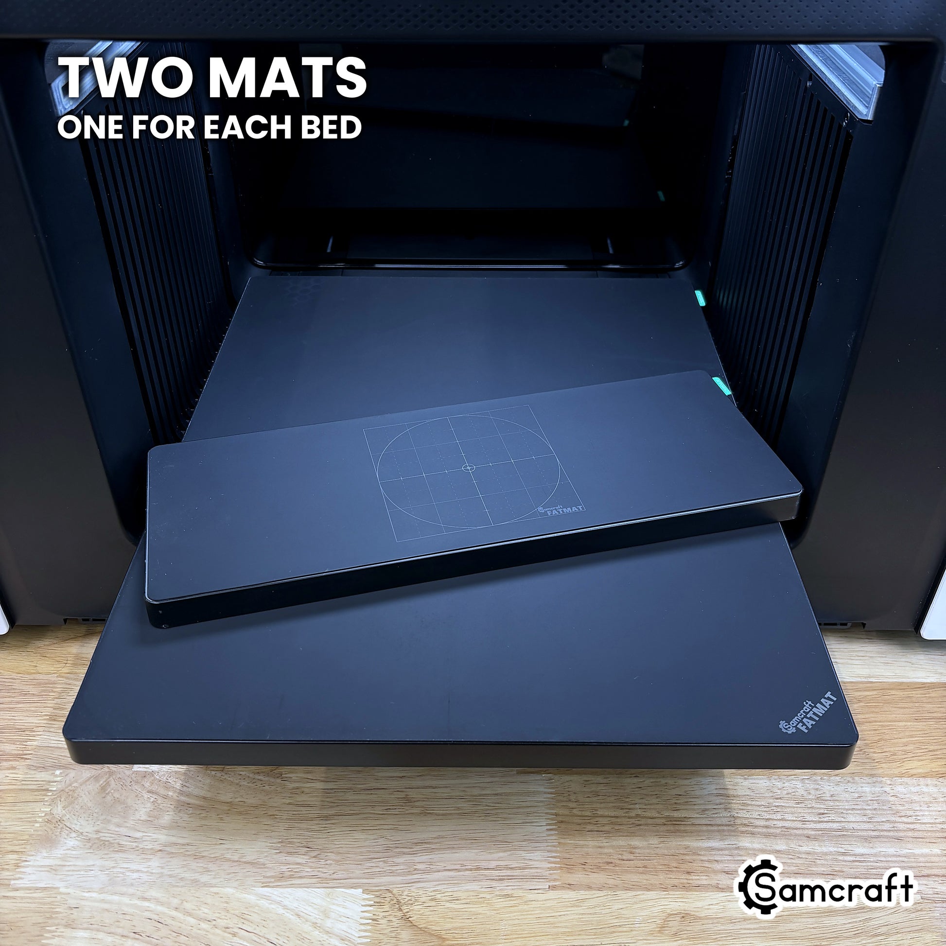 Both Samcraft FatMat sizes for the xTool Omni side by side, one for each bed.