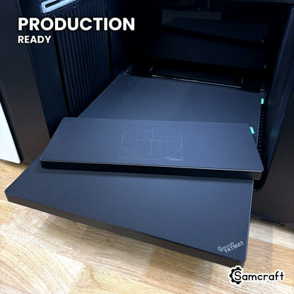Samcraft FatMat in place on the xTool Omni bed, set up for production runs.