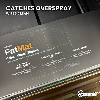 Samcraft FatMat catching UV overspray on the xTool Omni bed, wiping clean afterwards.