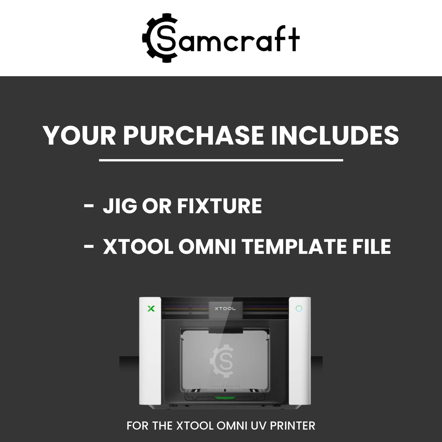 "Your Purchase Includes" card showing that each Samcraft xTool Omni jig purchase comes with the jig or fixture and an xTool Omni template file.