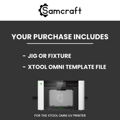"Your Purchase Includes" card showing that each Samcraft xTool Omni jig purchase comes with the jig or fixture and an xTool Omni template file.